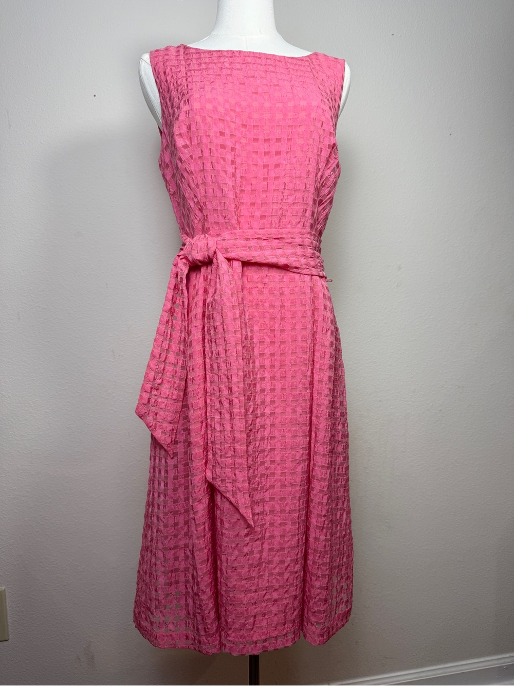 Anne Klein Pink Midi Dress 8 Shift Sheer Plaid Check Sleeveless Belted A-Line